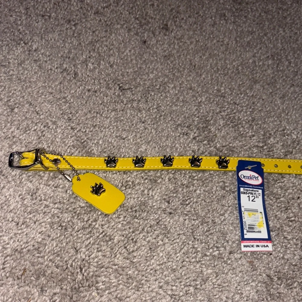 New leather Yellow Dog Collar with Paw Print Design 12 inches s/m
